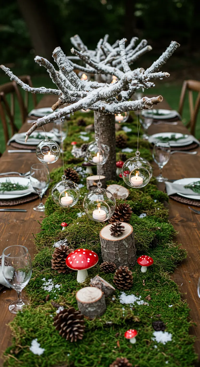 Chemin de table en mousse avec un arbre central et des boules de verre suspendues.