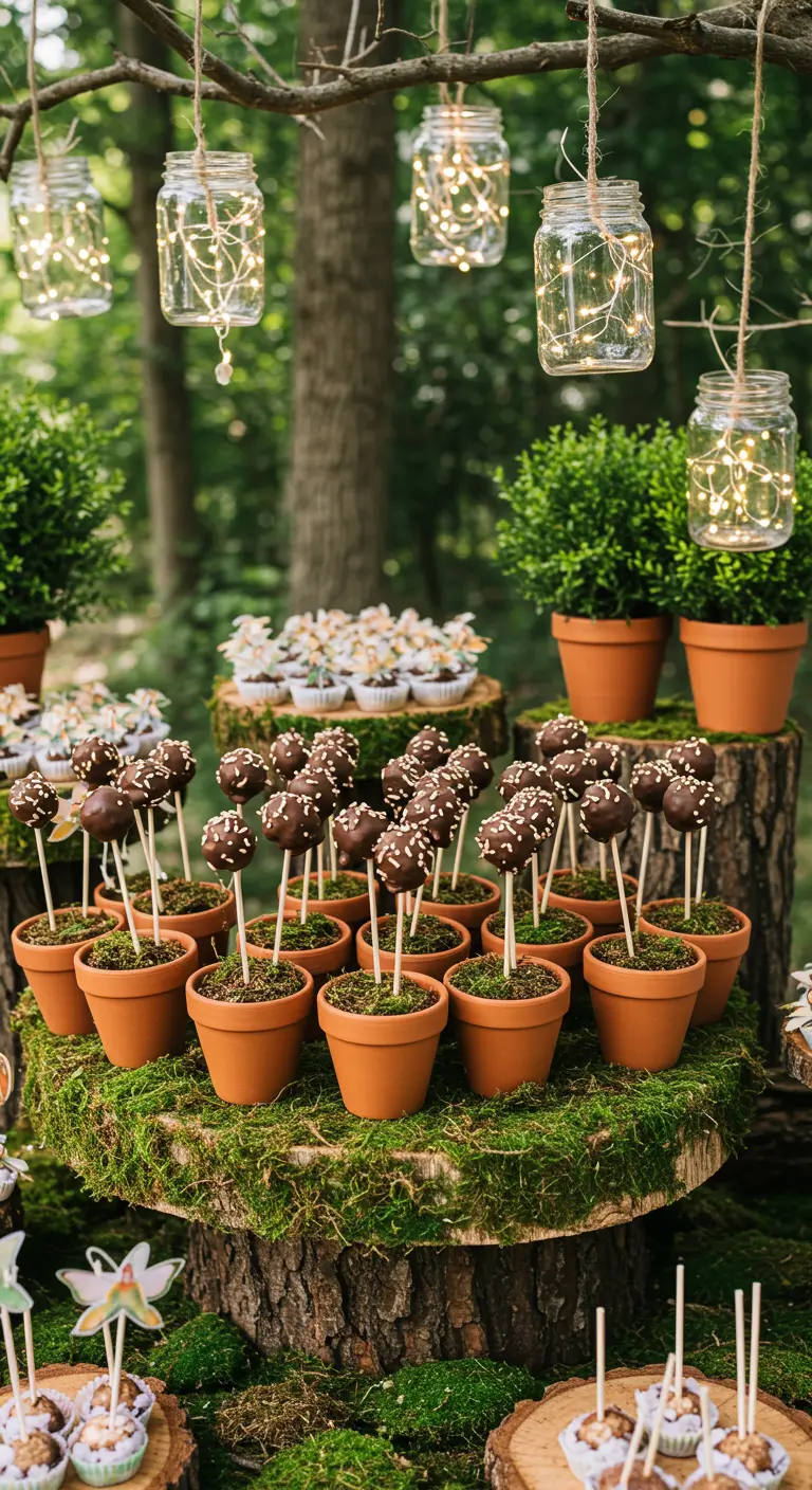 Buffet thème forêt enchantée avec des cake pops dans des pots en terre cuite et de la mousse.