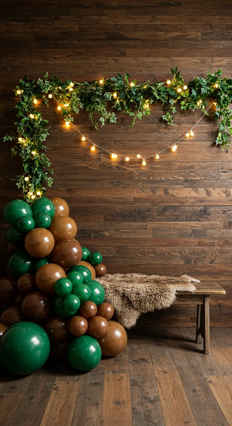 Photobooth rustique avec fond en bois, guirlande de lierre lumineuse, et ballons verts et marron.