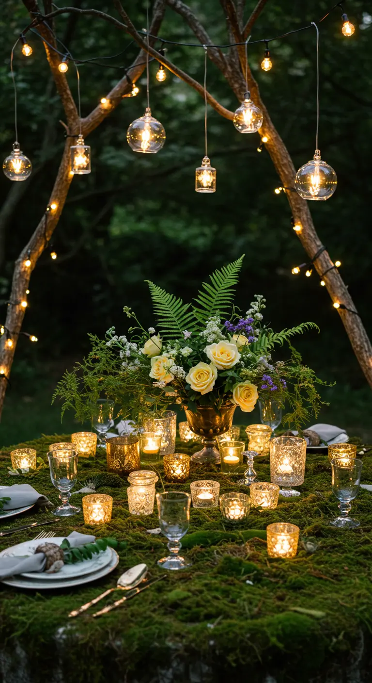 Table dressée sur de la mousse dans un jardin, sous des guirlandes lumineuses suspendues.