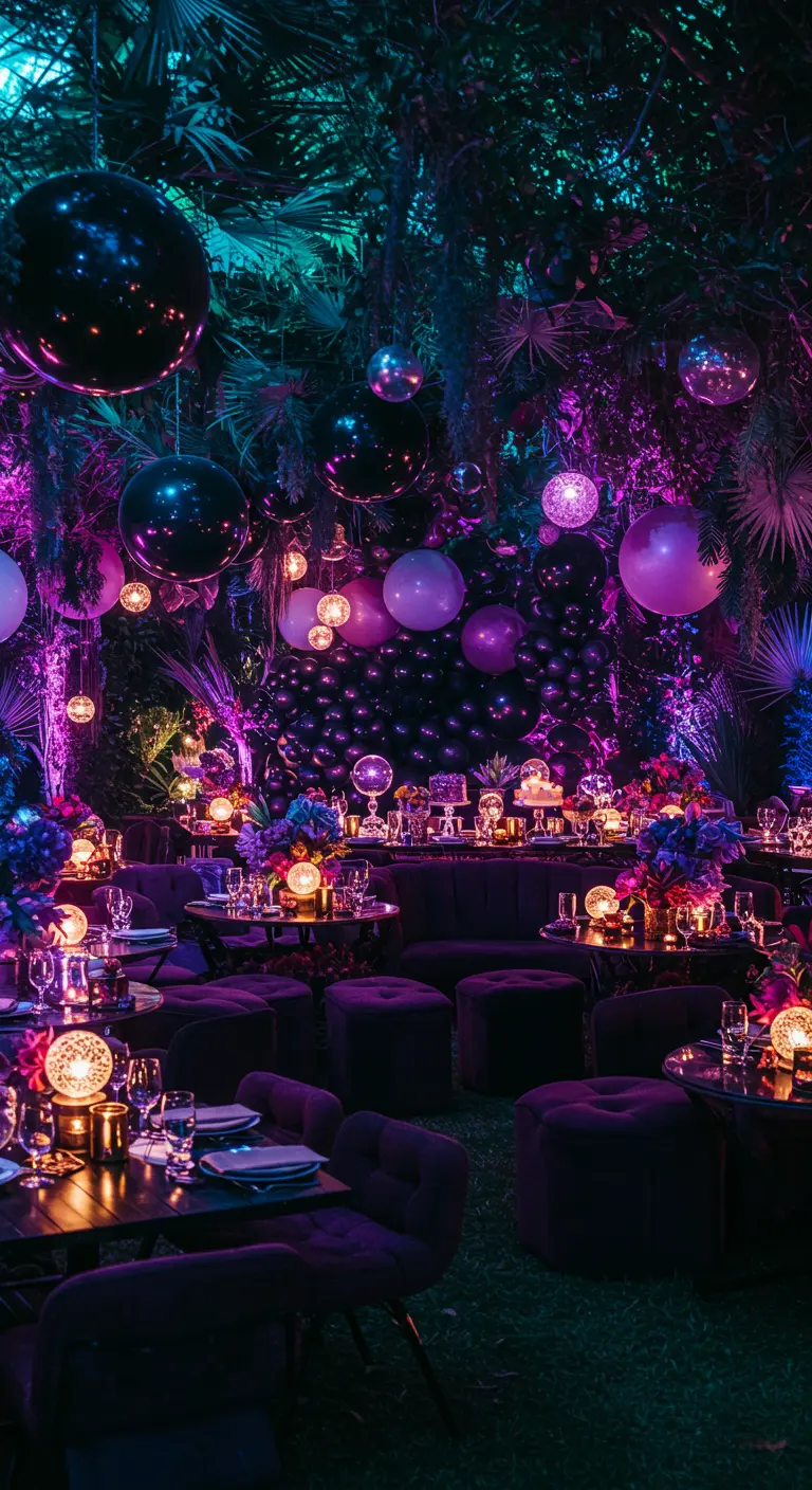 Jardin de nuit illuminé en violet et bleu avec des ballons et des sphères suspendues.