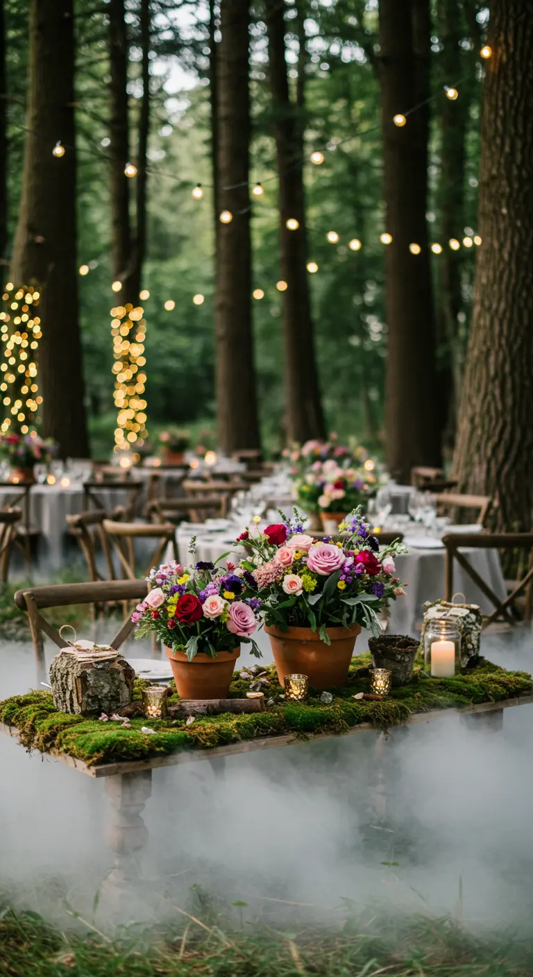 Centre de table sur un lit de mousse avec des fleurs et une brume artificielle.