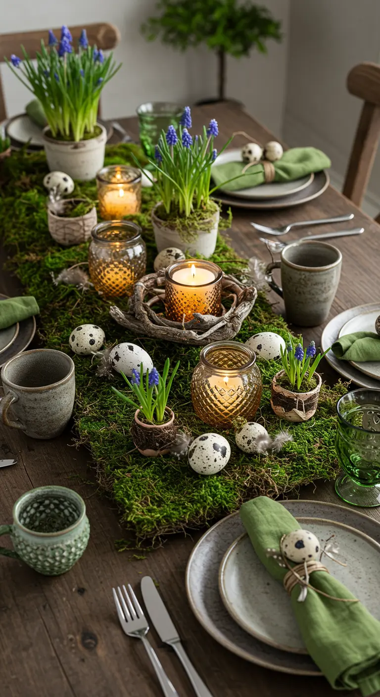 Centre de table en mousse avec des œufs de caille, des muscaris en pot et des bougies.