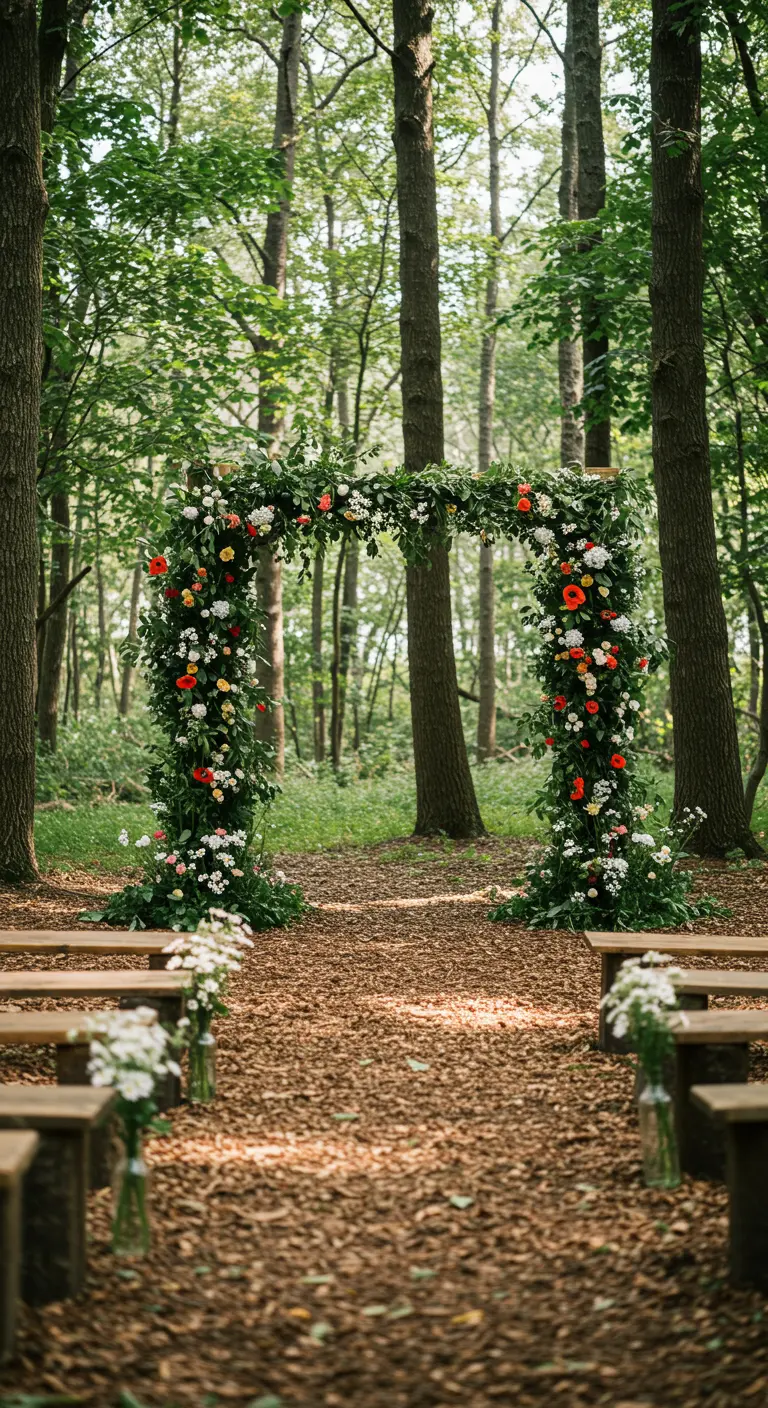 Arche florale carrée avec des fleurs colorées dans un sentier forestier.