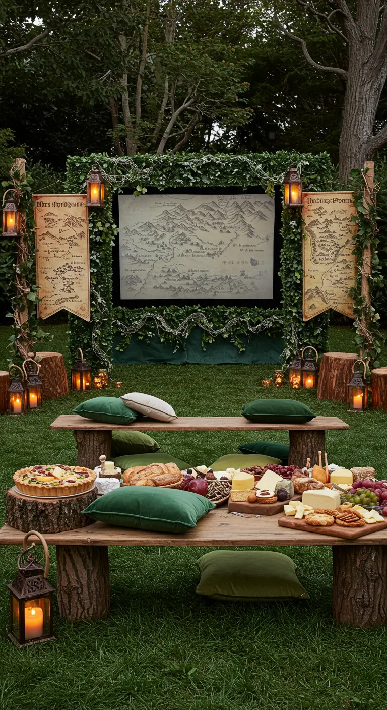 Cinéma en plein air sur le thème de la fantaisie avec un écran entouré de lierre et des lanternes.