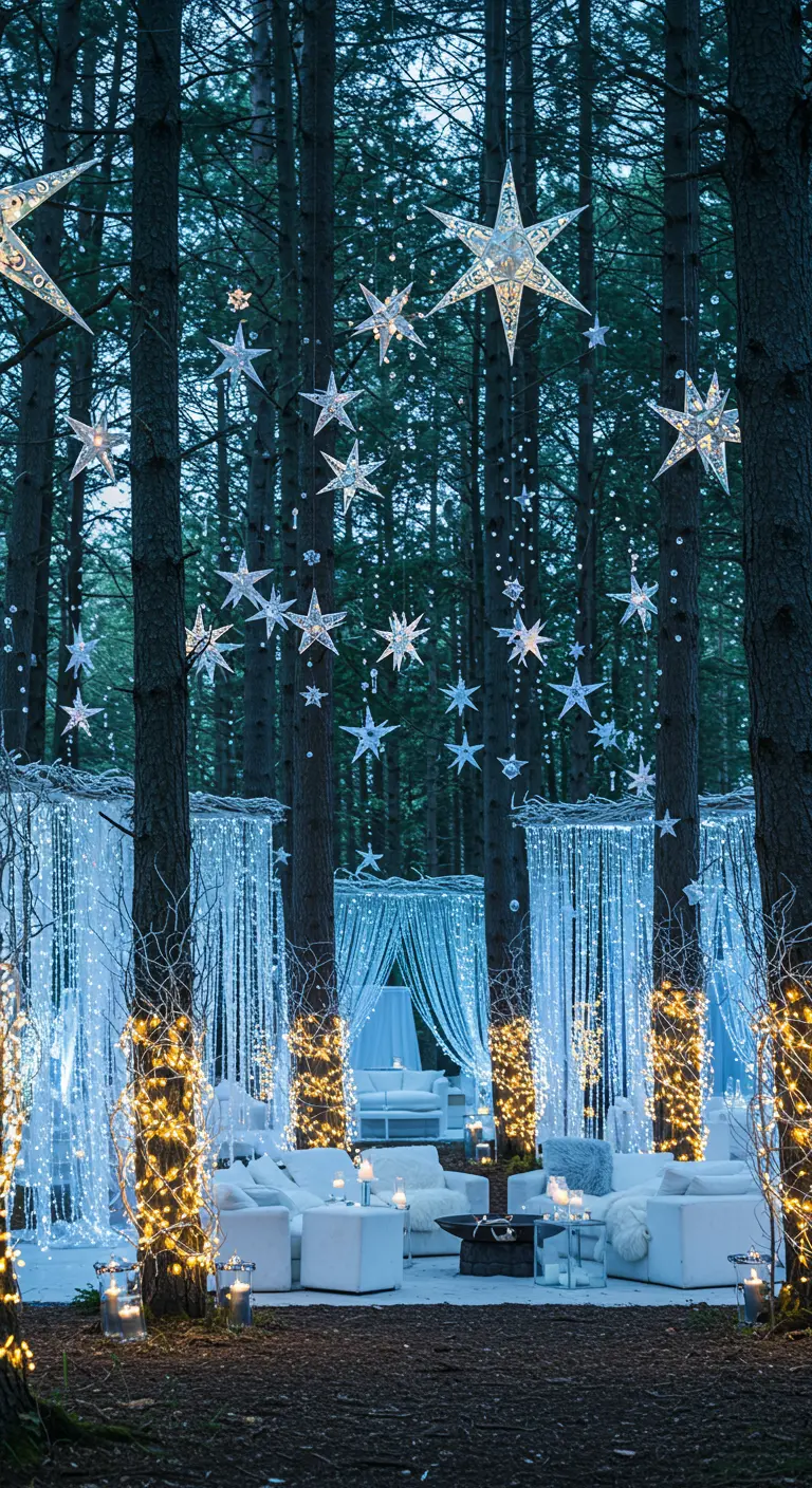 Une forêt décorée de lumières bleues et d'étoiles lumineuses, avec des meubles blancs cosy.