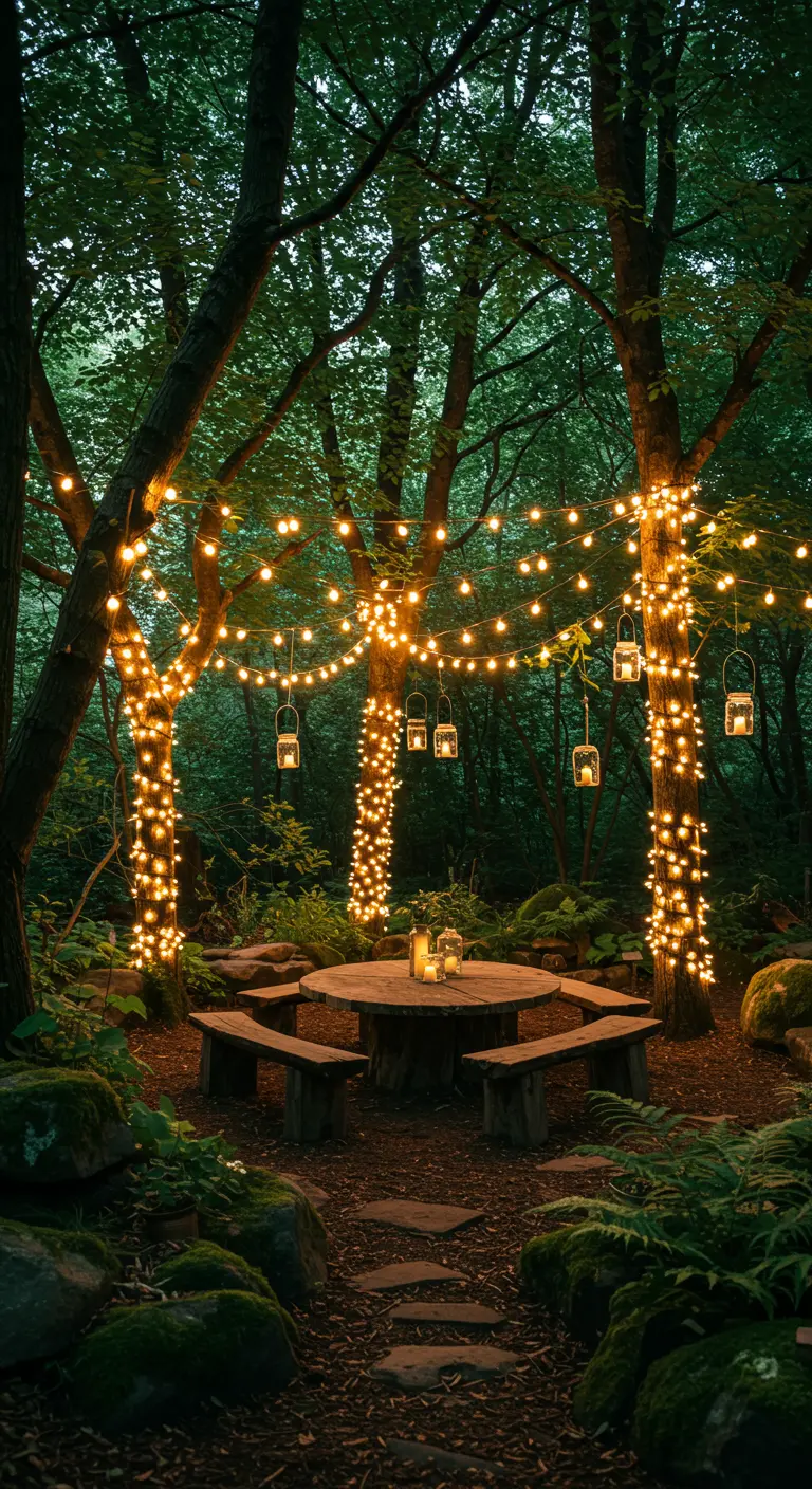 Forêt éclairée de guirlandes autour des arbres et de lanternes suspendues, table et bancs en bois, ambiance féerique.