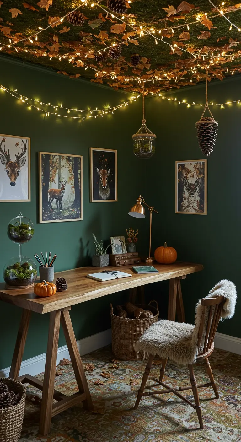 Bureau en bois dans une pièce verte, avec un plafond décoré de feuilles et de guirlandes.
