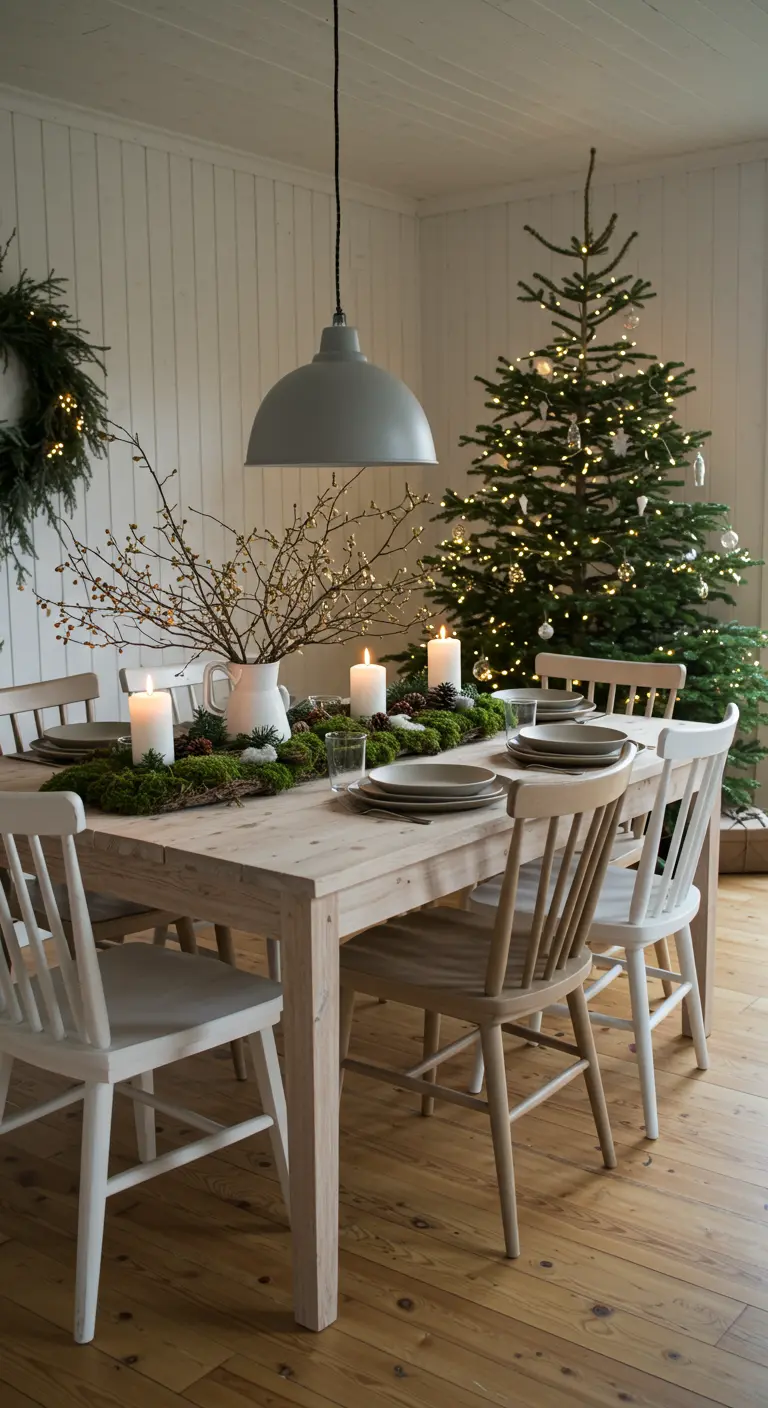 Table de Noël scandinave avec un grand sapin et un centre de table en mousse.