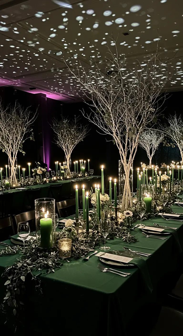 Table de mariage vert foncé avec des bougies vertes, des branches blanches et des lumières projetées.