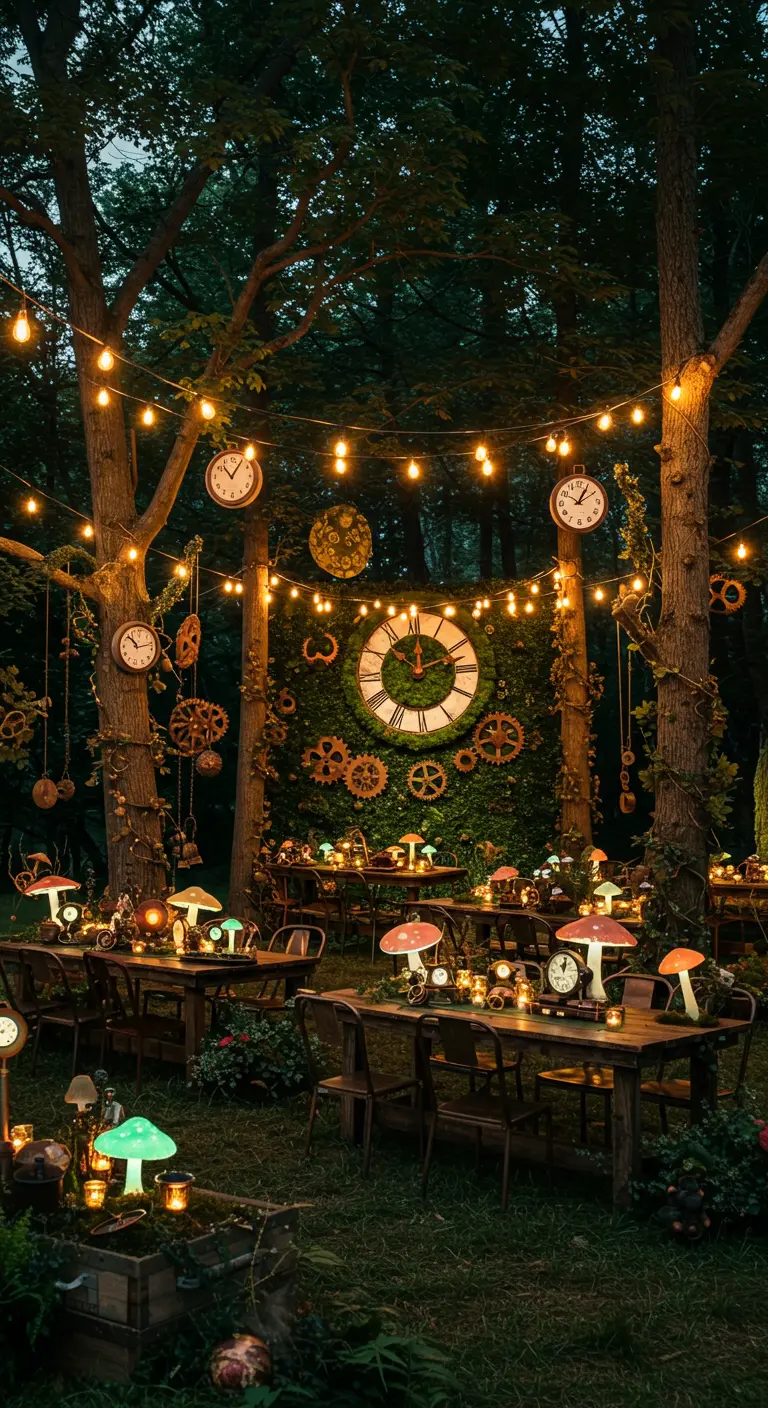 Dîner en forêt décoré Steampunk avec guirlandes lumineuses, horloges suspendues aux arbres et lampes champignons.