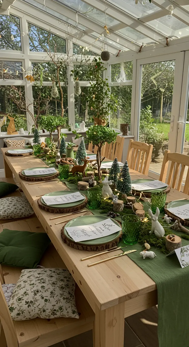 Table de forêt enchantée avec sapins miniatures, rondins de bois, figurines d'animaux et vaisselle verte
