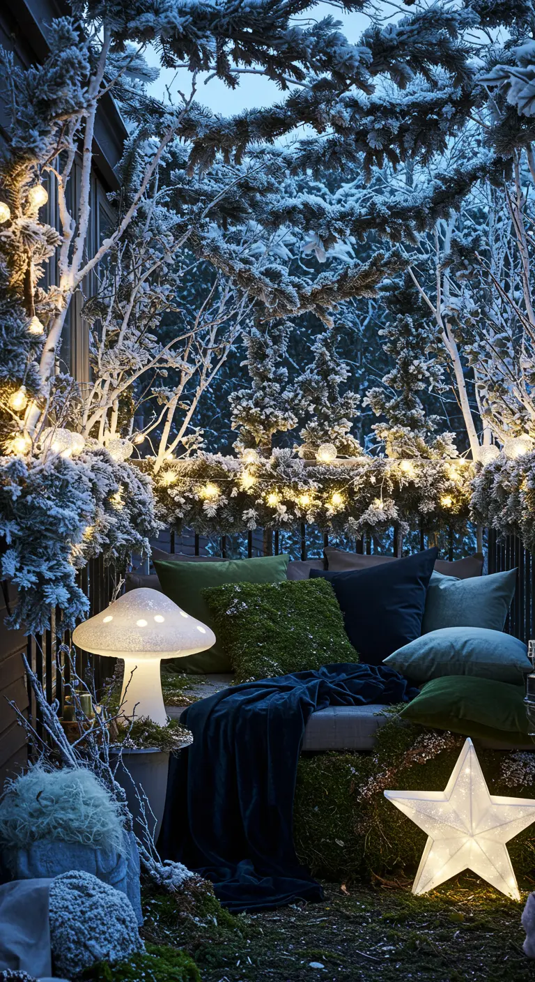 Balcon enneigé transformé en forêt enchantée avec branches givrées, lumières et objets féeriques. 