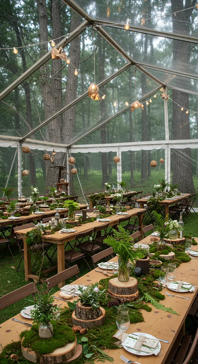 Table en bois dans une tente transparente au milieu d'une forêt.