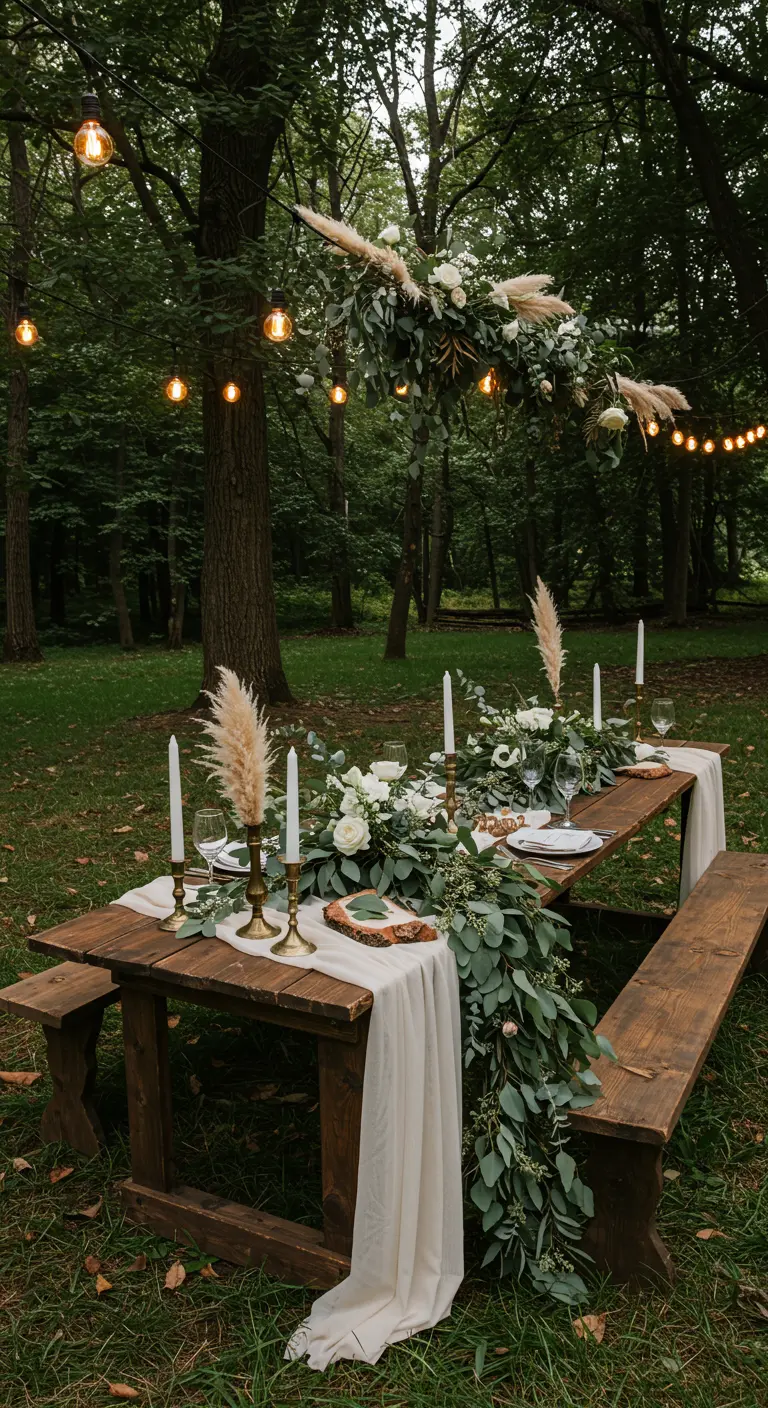 Table de mariage rustique en bois dans une forêt, décorée de fleurs blanches et d'eucalyptus.