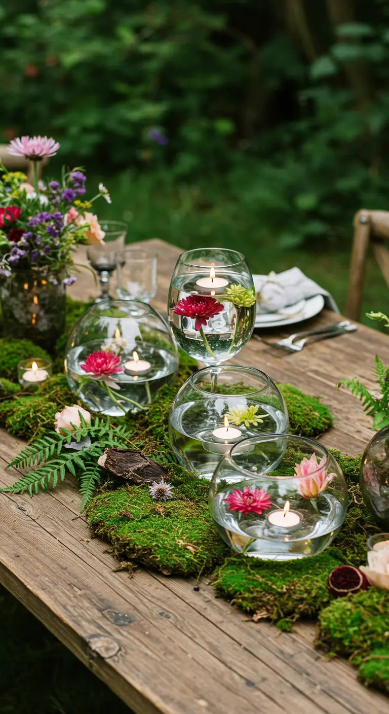 Table en bois rustique avec chemin de table en mousse et bougies flottantes.