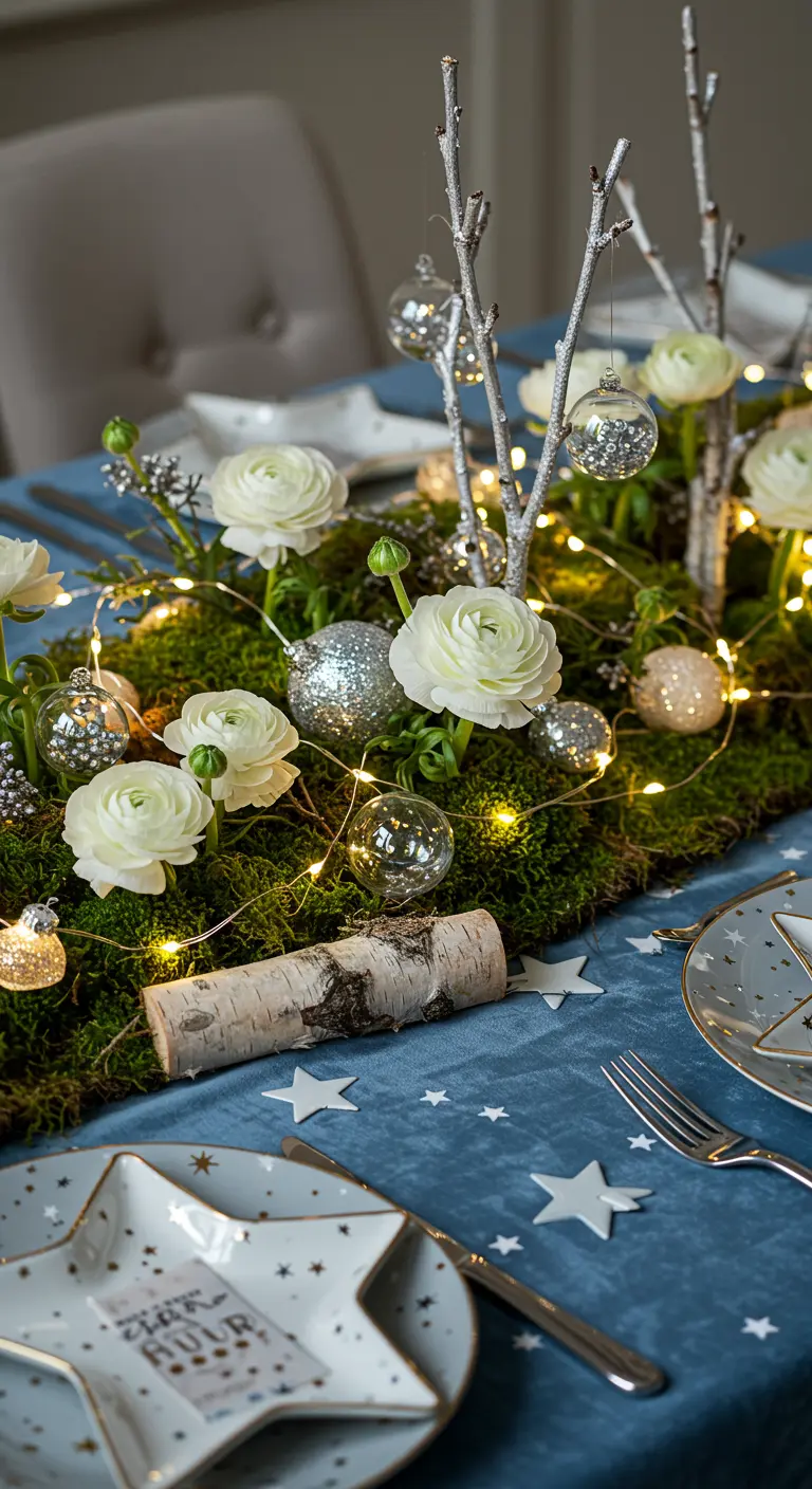 Centre de table avec mousse, renoncules blanches, branches argentées et guirlandes sur nappe bleue.