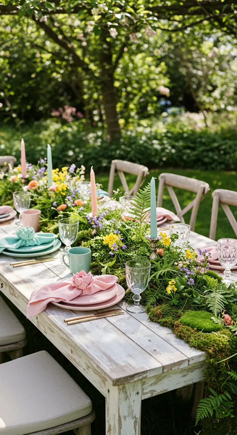Table de brunch en bois dans un jardin avec un chemin de table en mousse et fleurs.