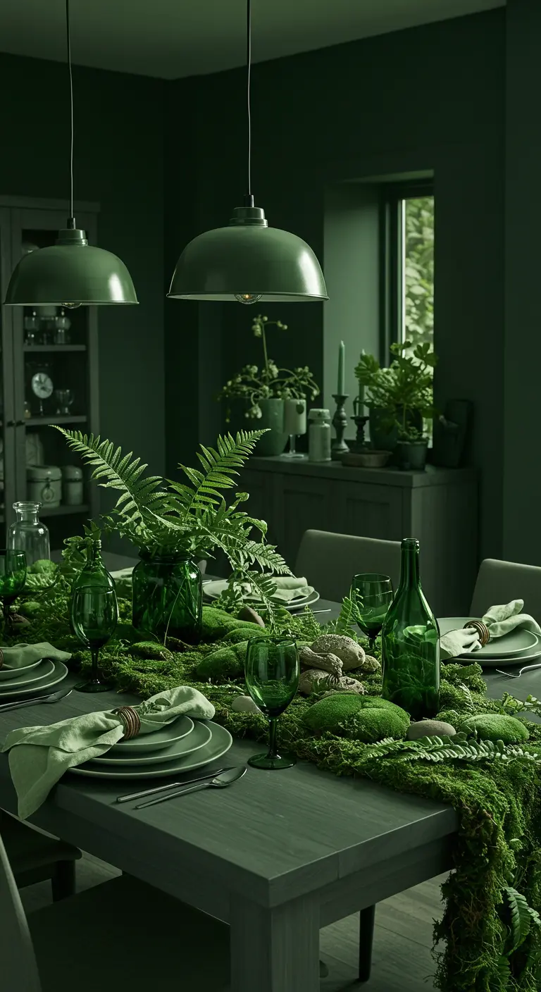 Table monochrome verte avec un chemin de table en mousse, fougères et verrerie.