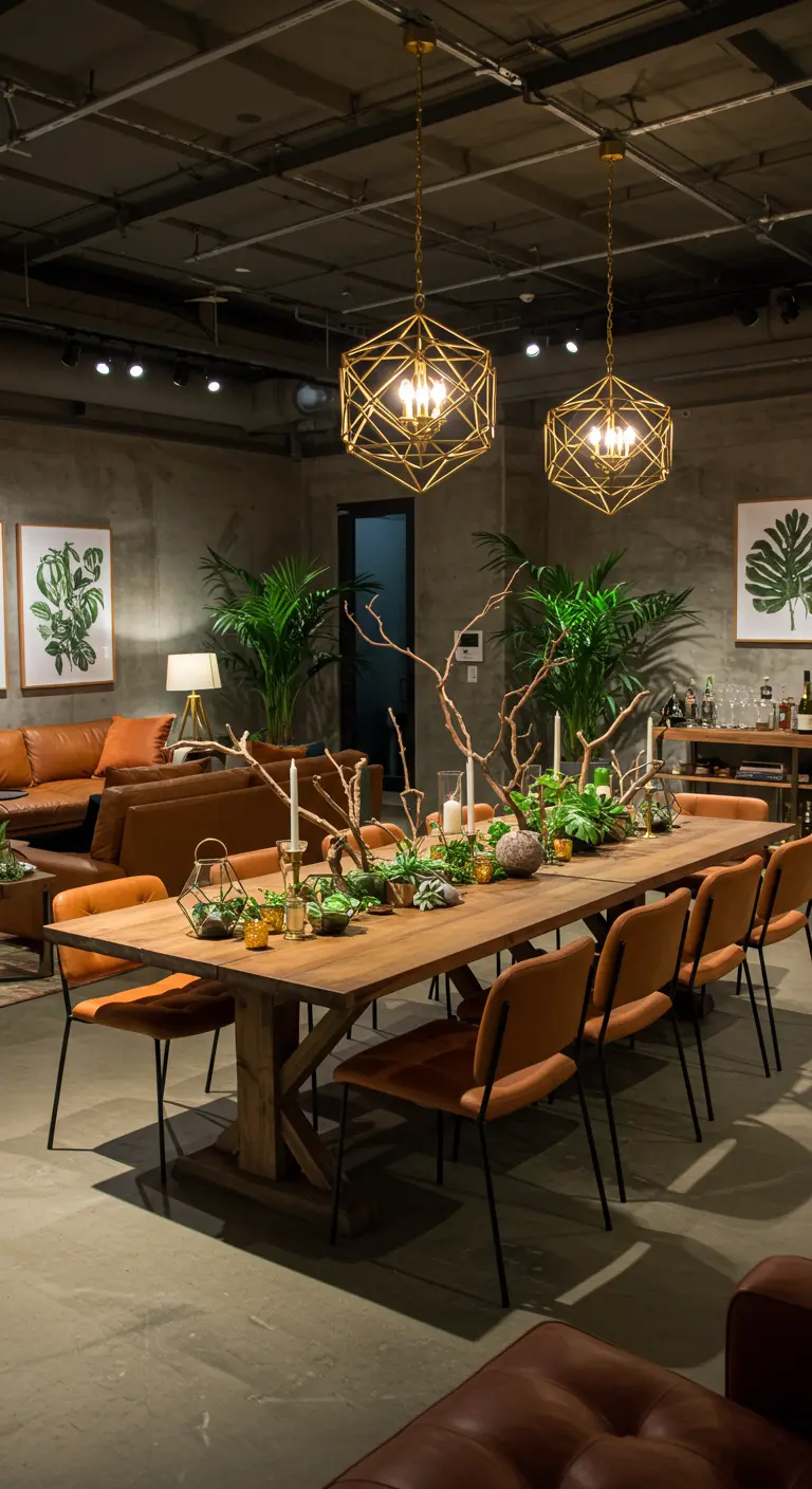 Longue table en bois avec un centre de table composé de grandes branches, terrariums et bougies.