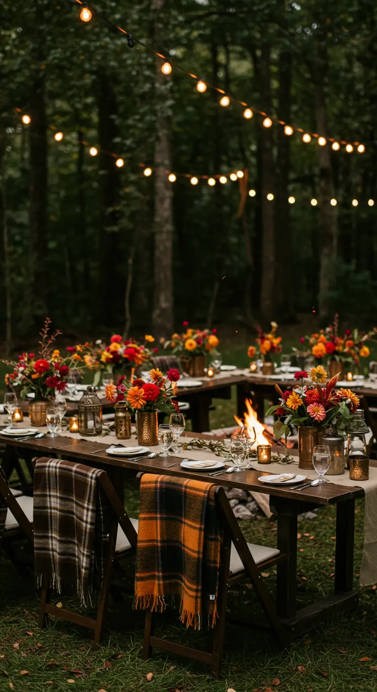 Table de dîner en forêt avec des fleurs d'automne et des plaids sur les chaises.