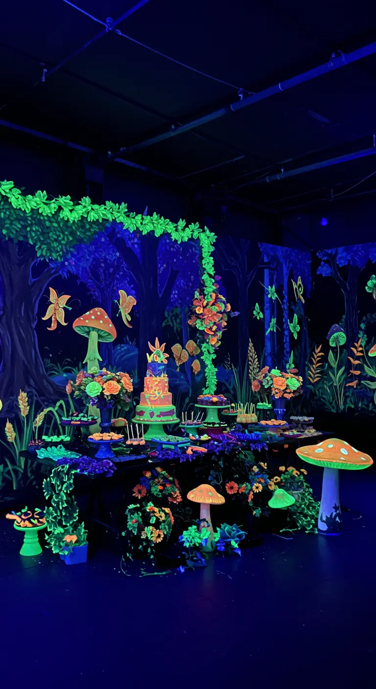 Décor de fête fluorescent dans le noir, avec des champignons et des plantes qui brillent.