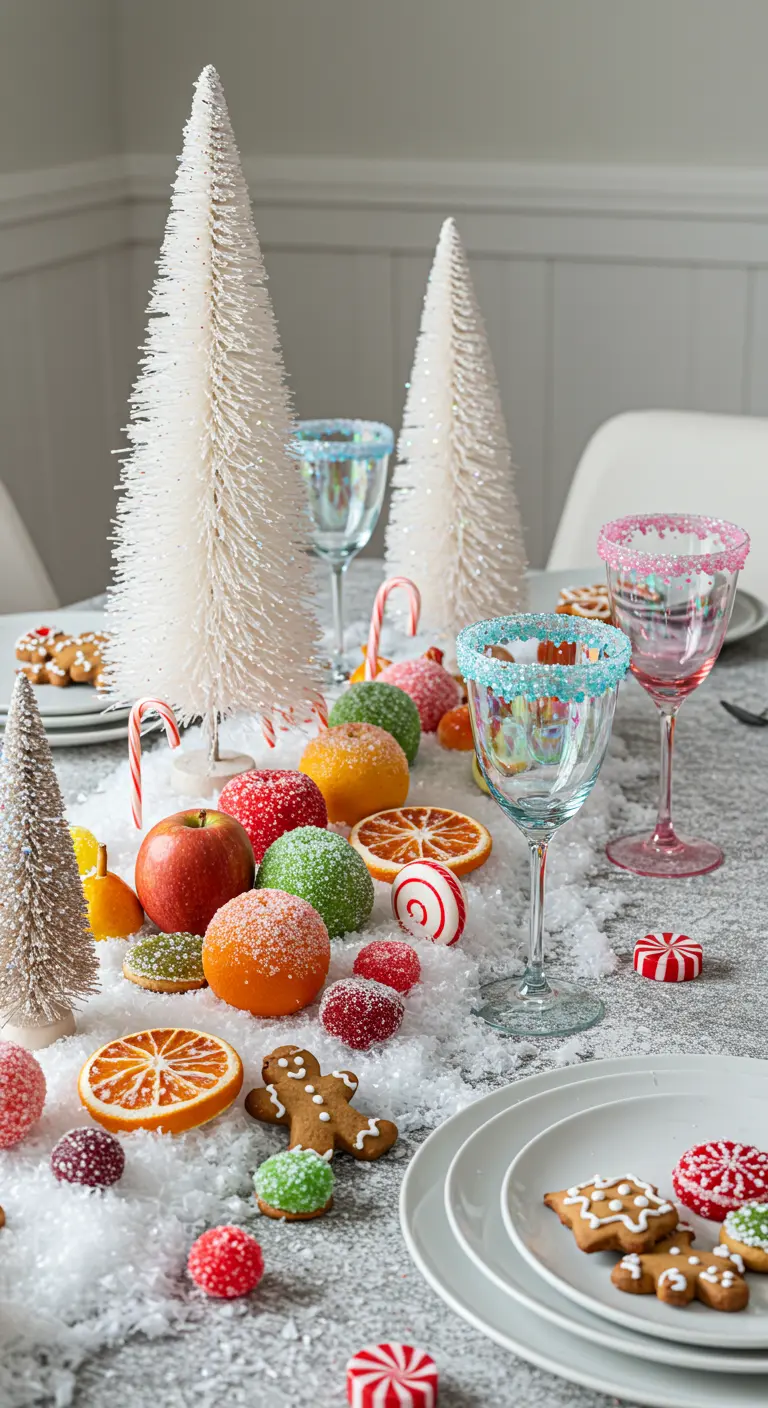 Centre de table gourmand avec fruits sucrés et bonhommes en pain d'épice.
