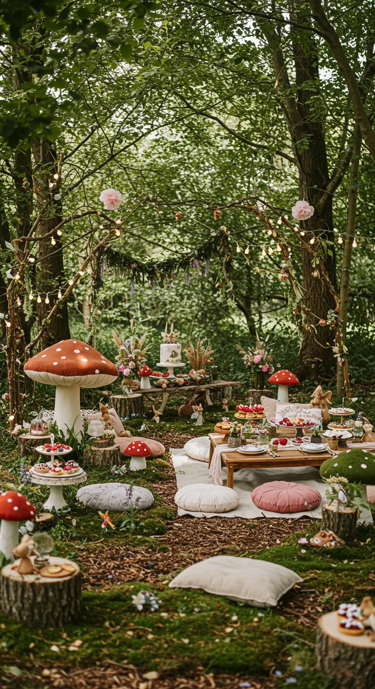 Fête en forêt décorée de lumières, champignons géants et tables basses.