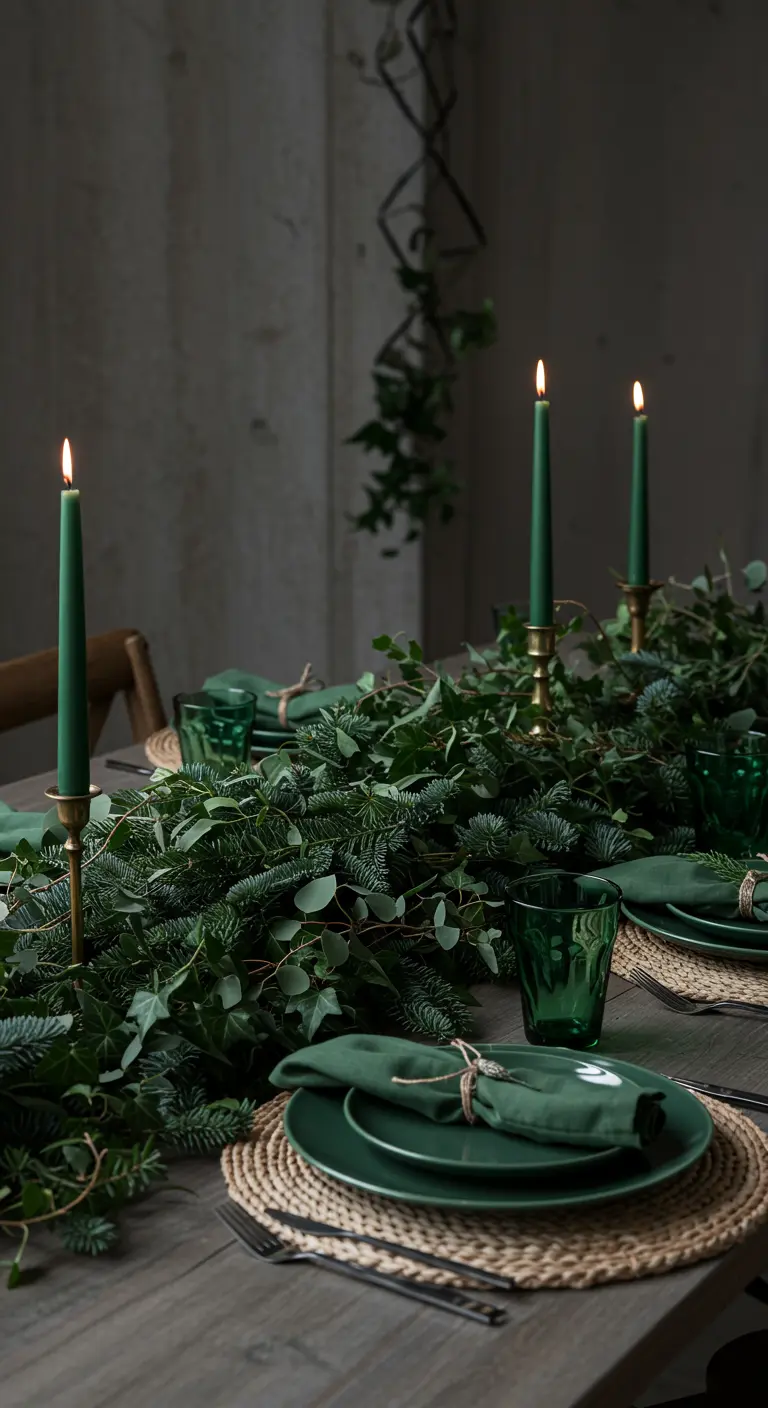 Table de fête sombre avec une opulente guirlande de sapin et de lierre, et de la vaisselle verte.