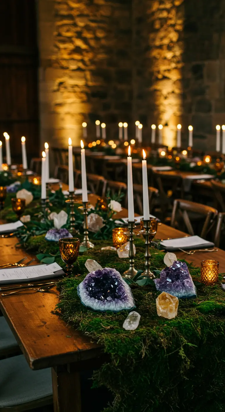 Table en bois avec chemin de table en mousse, géodes d'améthyste et chandeliers.