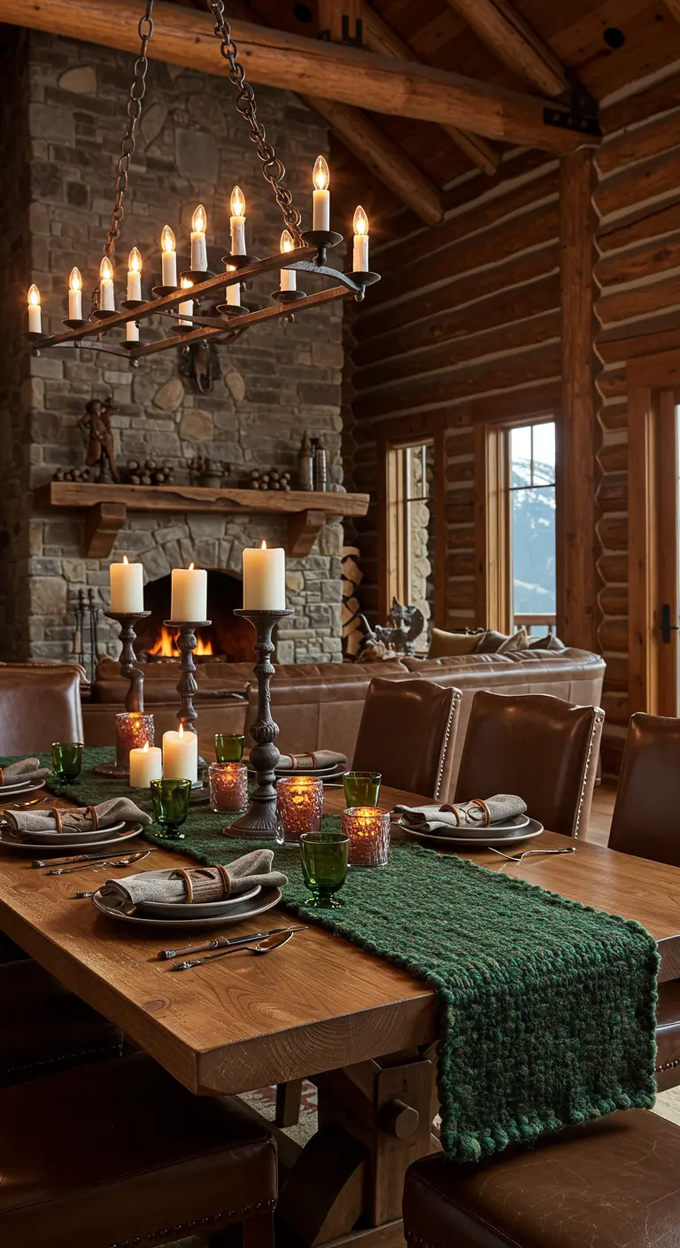 Chemin de table en grosse maille vert sapin, bougeoirs rustiques et bougies sur table en bois