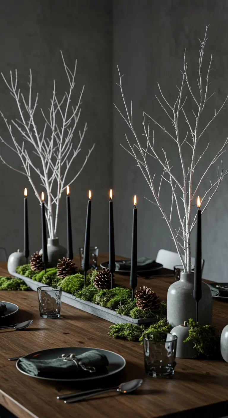 Décor de table minimaliste avec branches blanches, bougies noires et mousse verte.