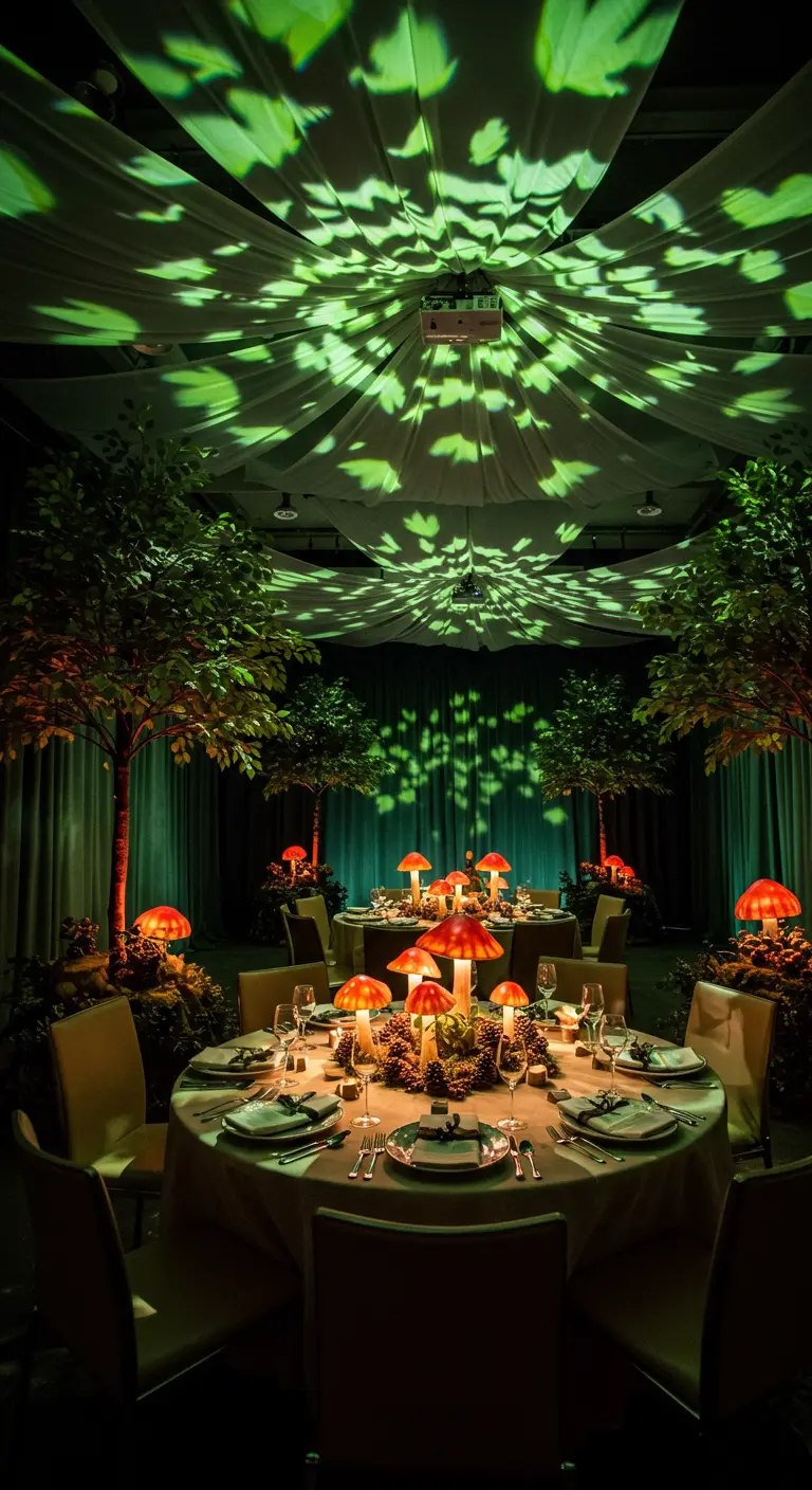 Salle de réception sombre avec des projections de feuilles vertes au plafond et des lampes champignons.