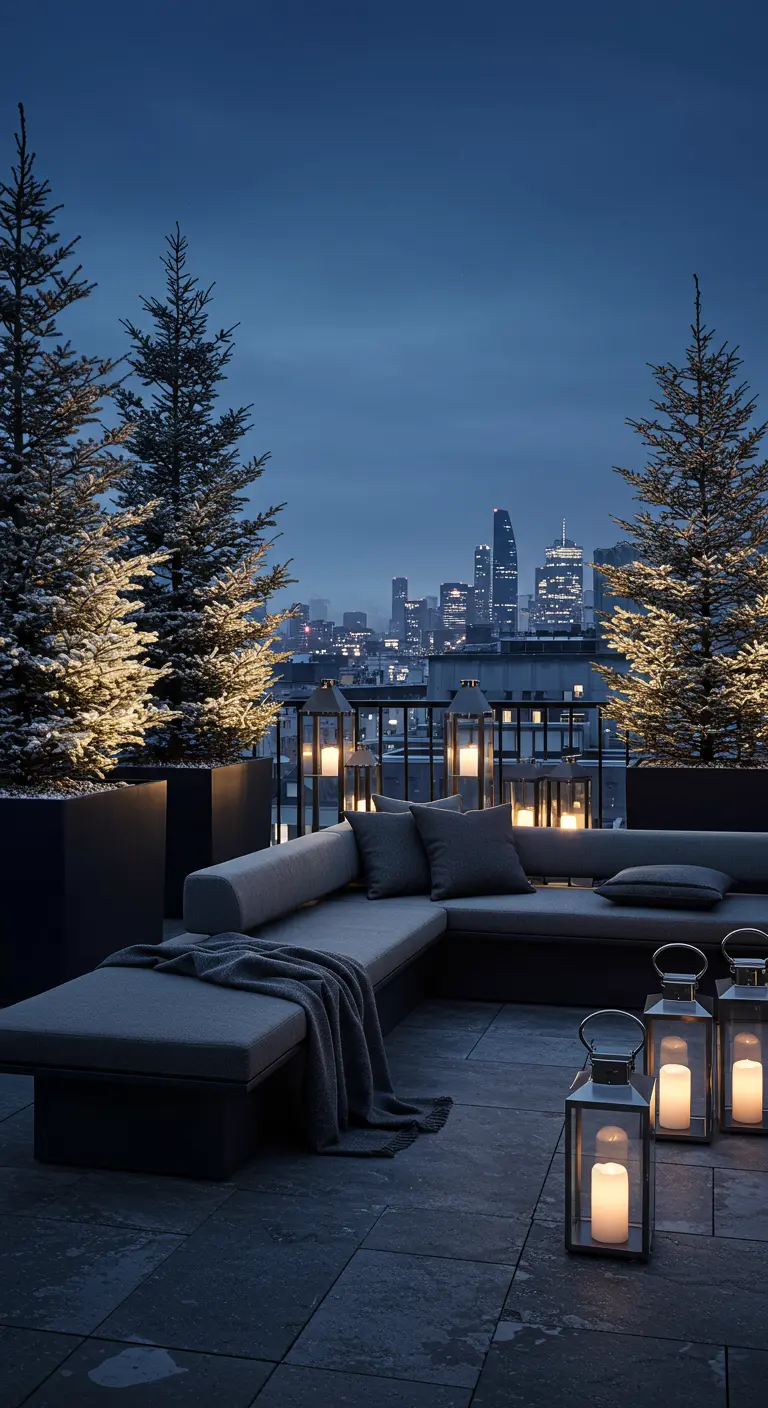 Toit-terrasse avec des canapés, des sapins dans des bacs et vue sur la ville.