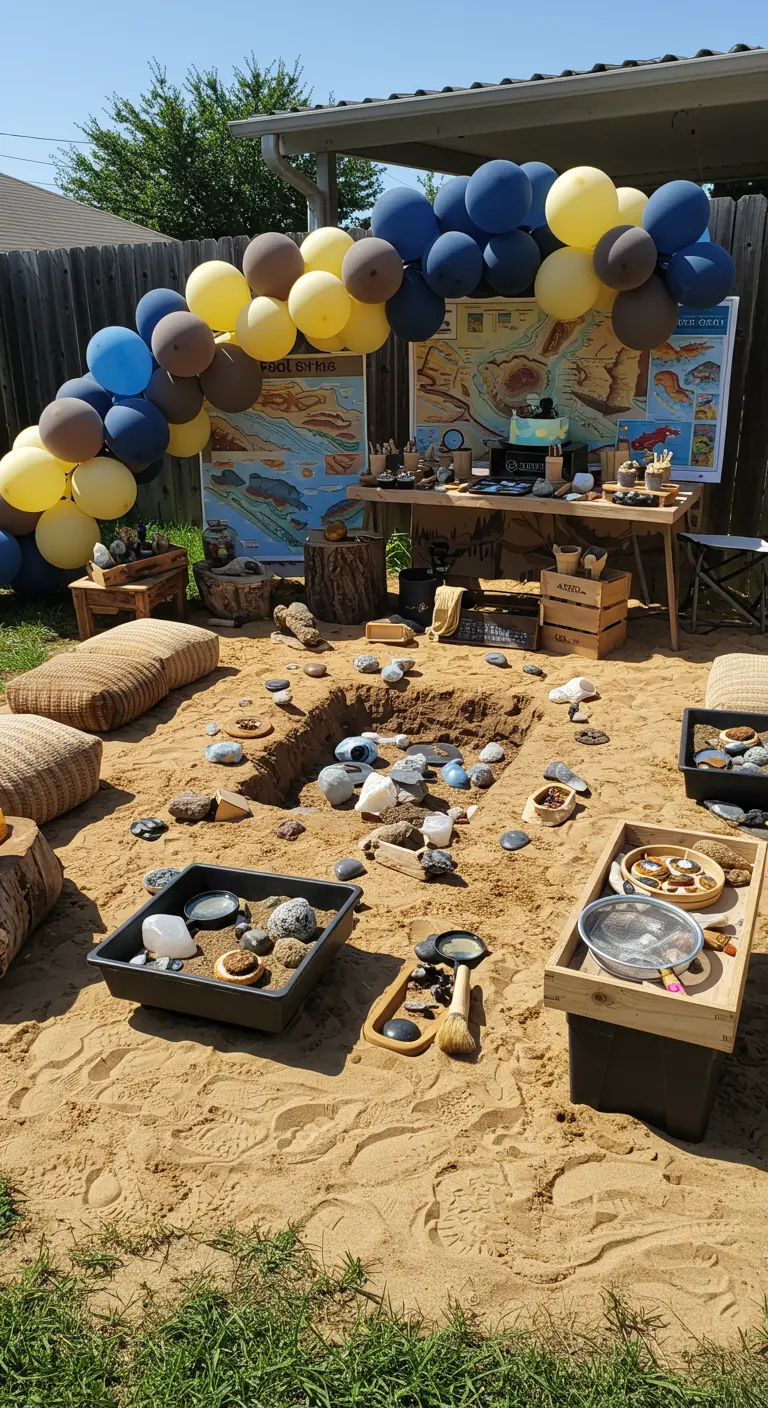 Aire de jeu archéologique dans un bac à sable avec outils et décorations sur les fossiles.