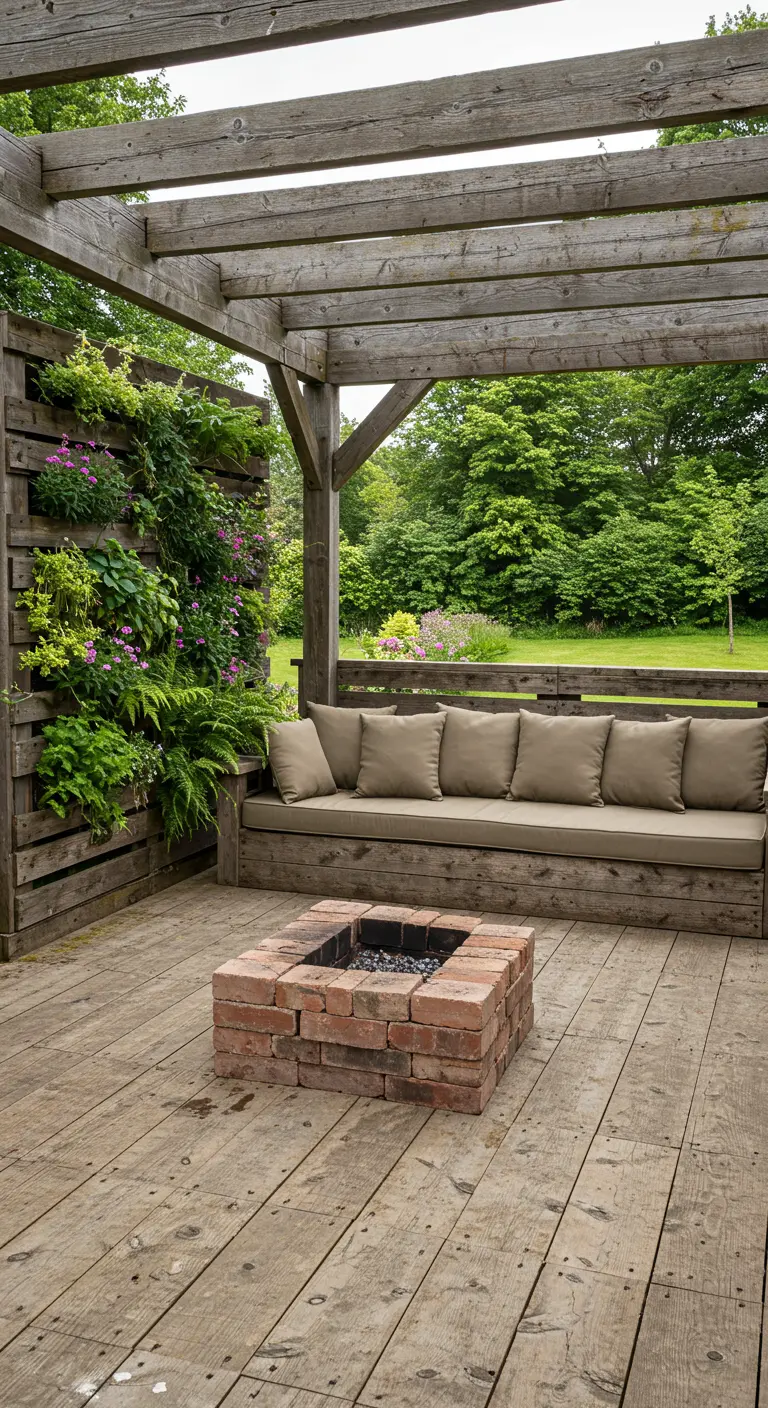 Terrasse en bois avec un foyer en briques et un mur végétal vertical