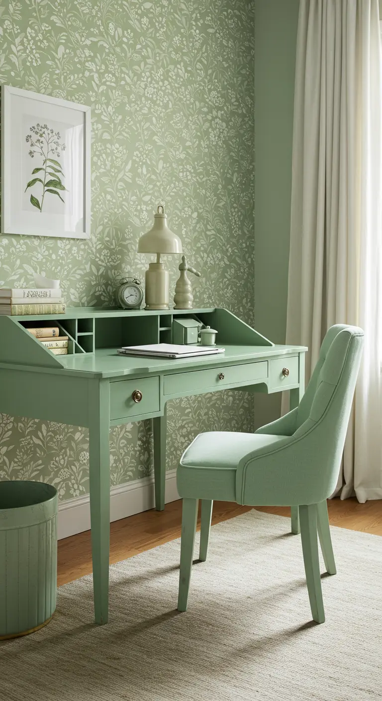 Bureau secrétaire vert menthe devant un mur au papier peint floral vert et blanc.