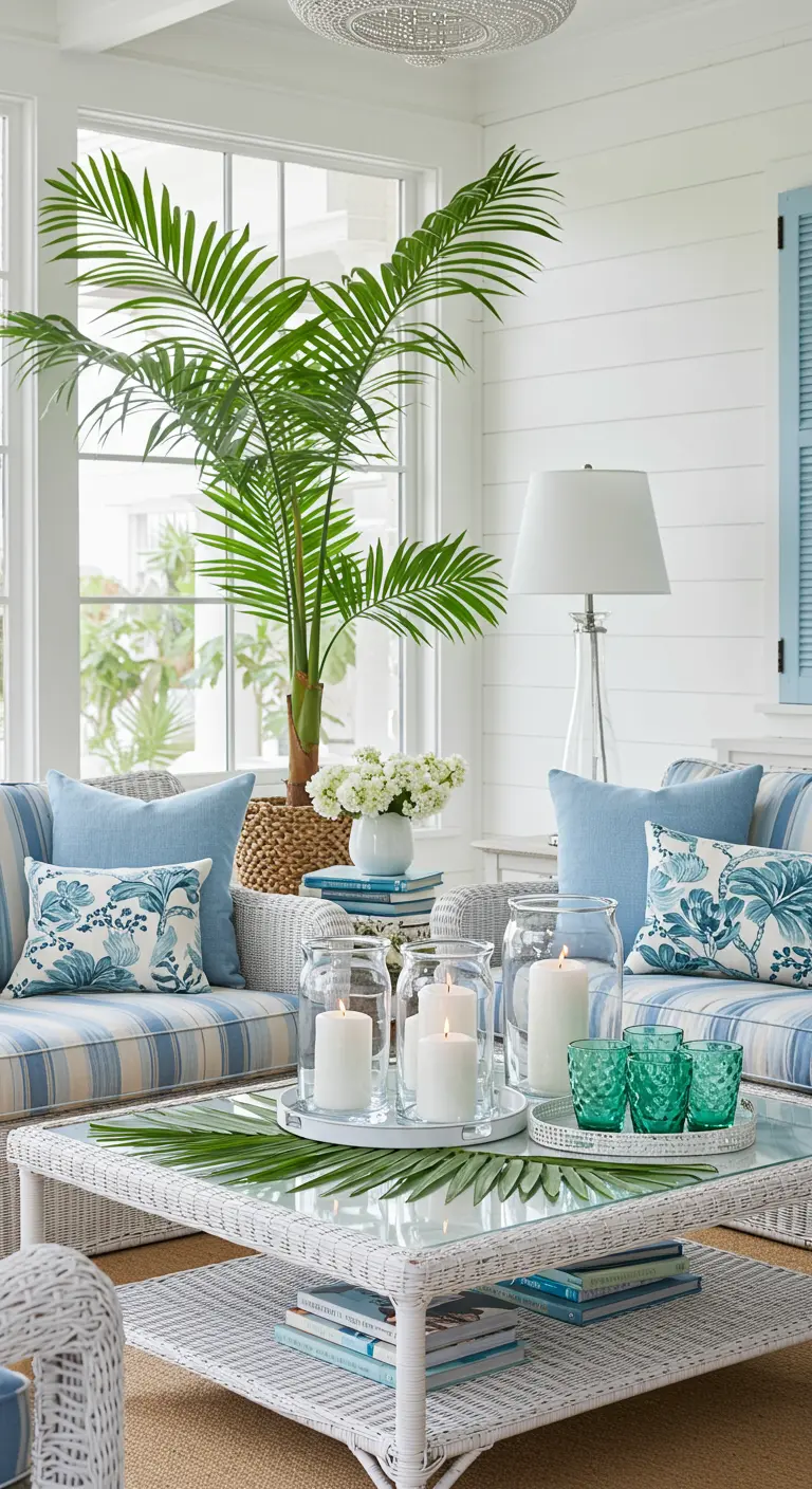 Salon côtier avec mobilier en osier blanc, coussins bleus et décor de feuilles de palmier