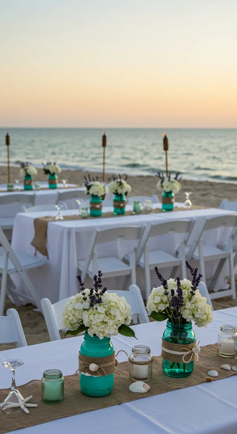 Centres de table turquoise, blancs et lavande sur une plage au coucher du soleil.