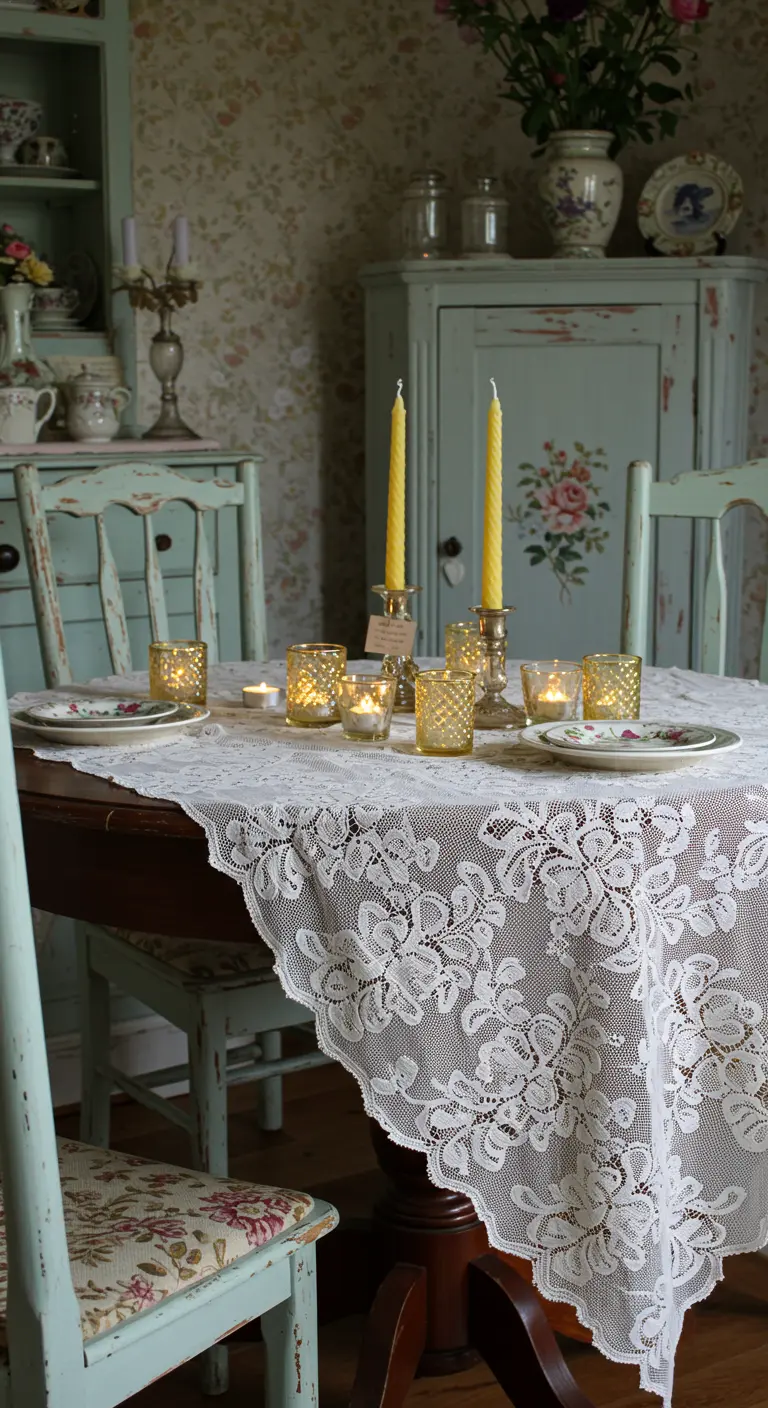 Nappe en dentelle blanche, bougeoirs et photophores avec bougies sur table en bois