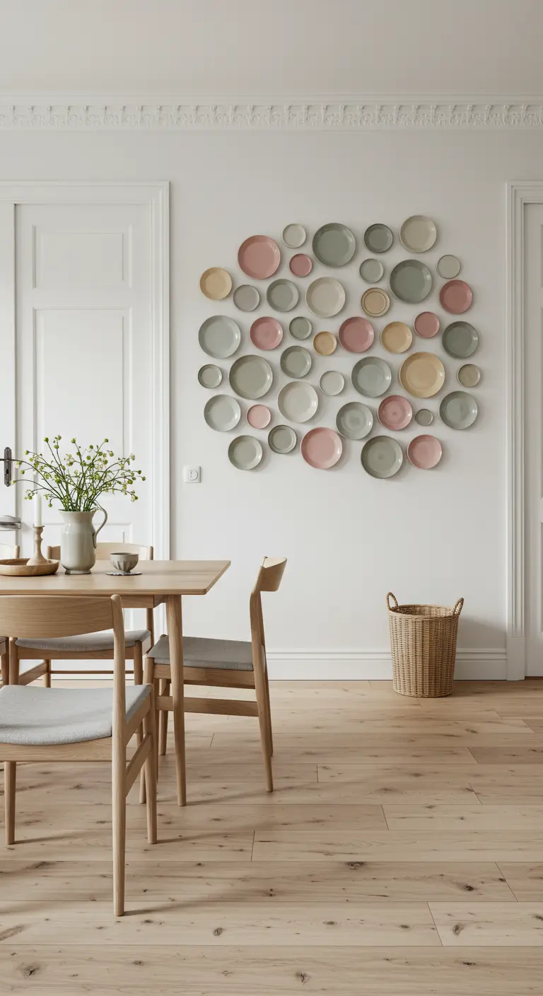 Mur blanc décoré d'une composition d'assiettes en céramique rose, verte et crème.