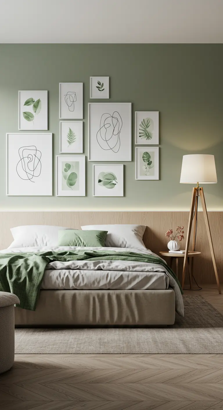 Composition murale verte avec cadres blancs, illustrations abstraites et motifs de feuilles.