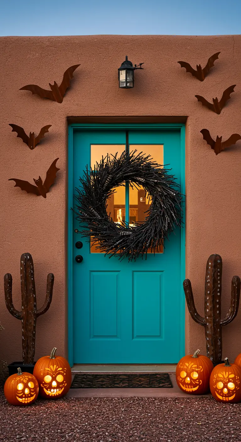 Porte turquoise sur un mur en pisé avec une couronne noire, des cactus et des citrouilles.