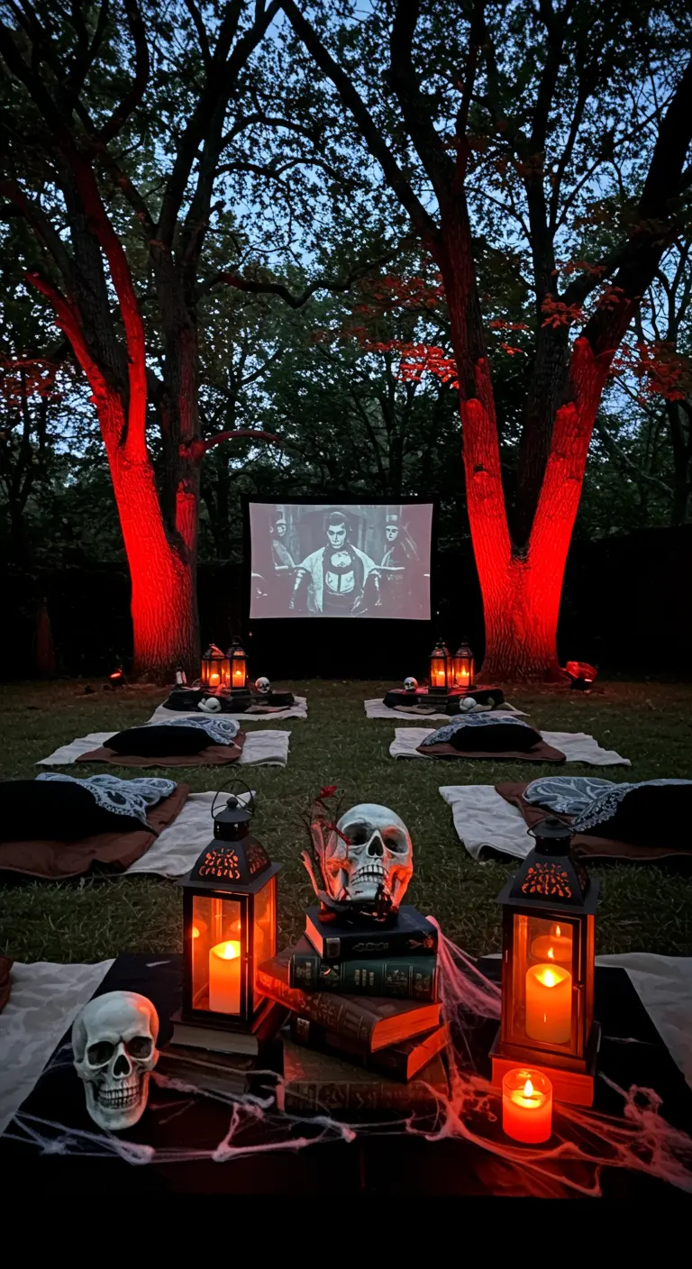 Cinéma d'horreur en plein air avec un éclairage rouge, des crânes et des lanternes.