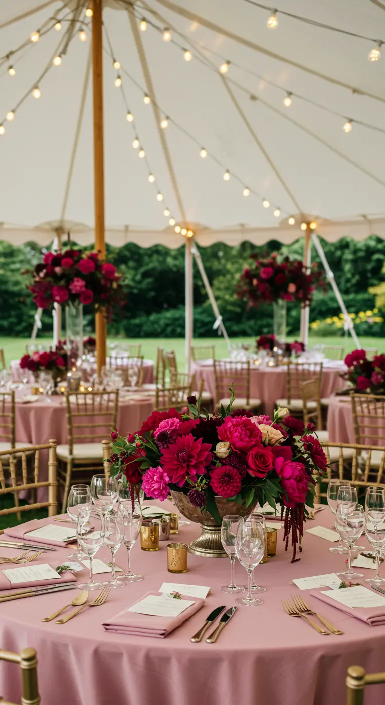 Centre de table fuchsia opulent sous une tente de mariage illuminée.