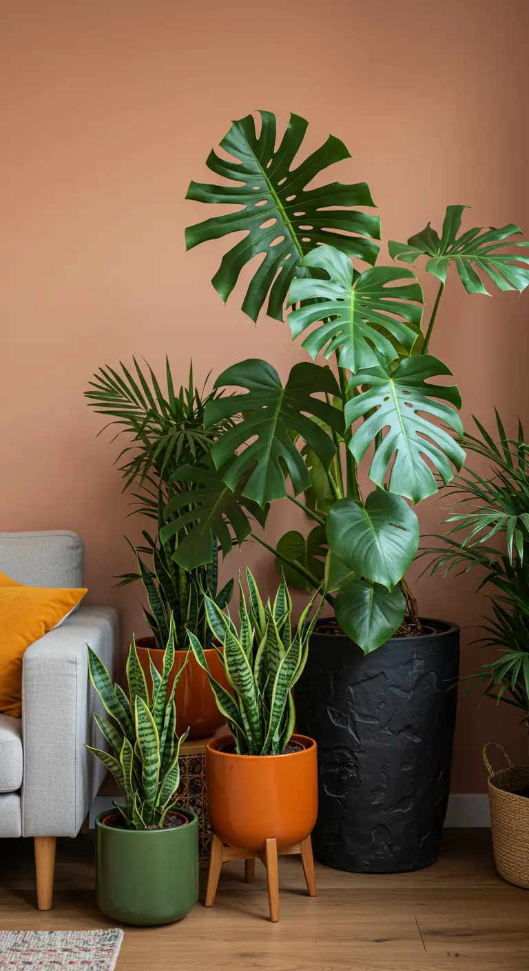 Coin tropical avec Monstera, palmier, Sansevieria en pots colorés.