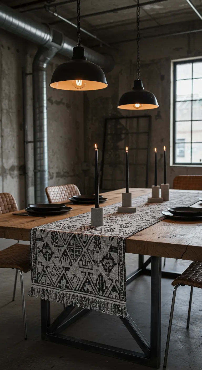 Chemin de table coton motifs graphiques, bougeoirs béton et bougies noires sur table en bois