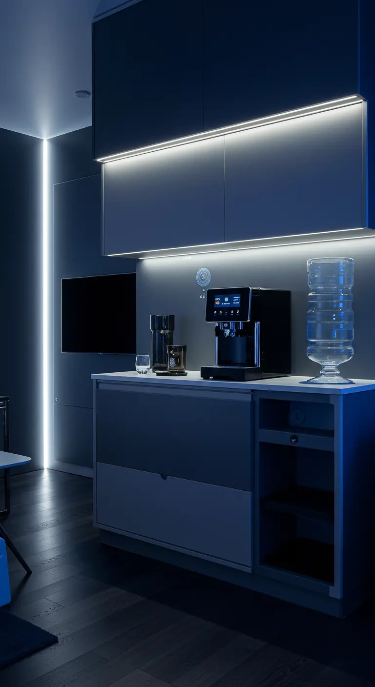 Coin café futuriste avec meuble minimaliste, machine noire et éclairage LED bleu.