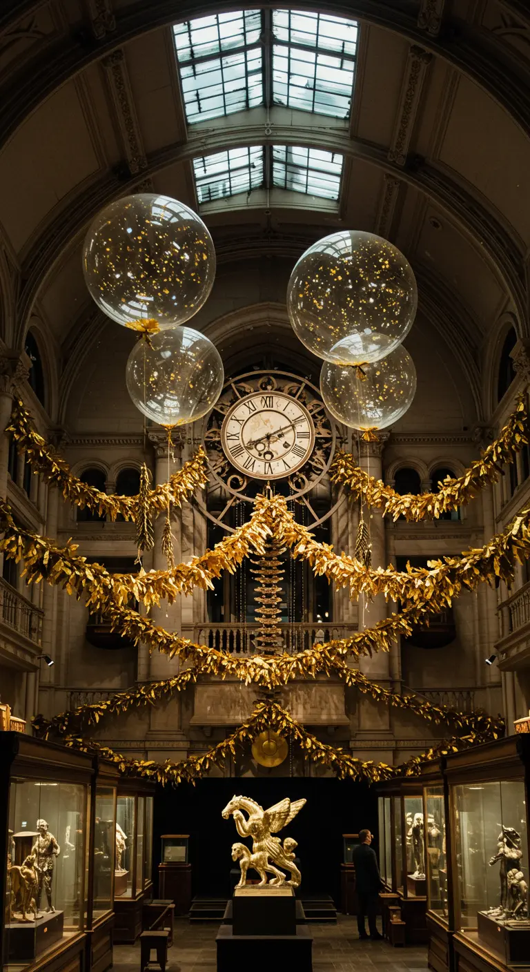 Salle de bal avec une grande horloge, décorée de guirlandes dorées et de ballons géants.