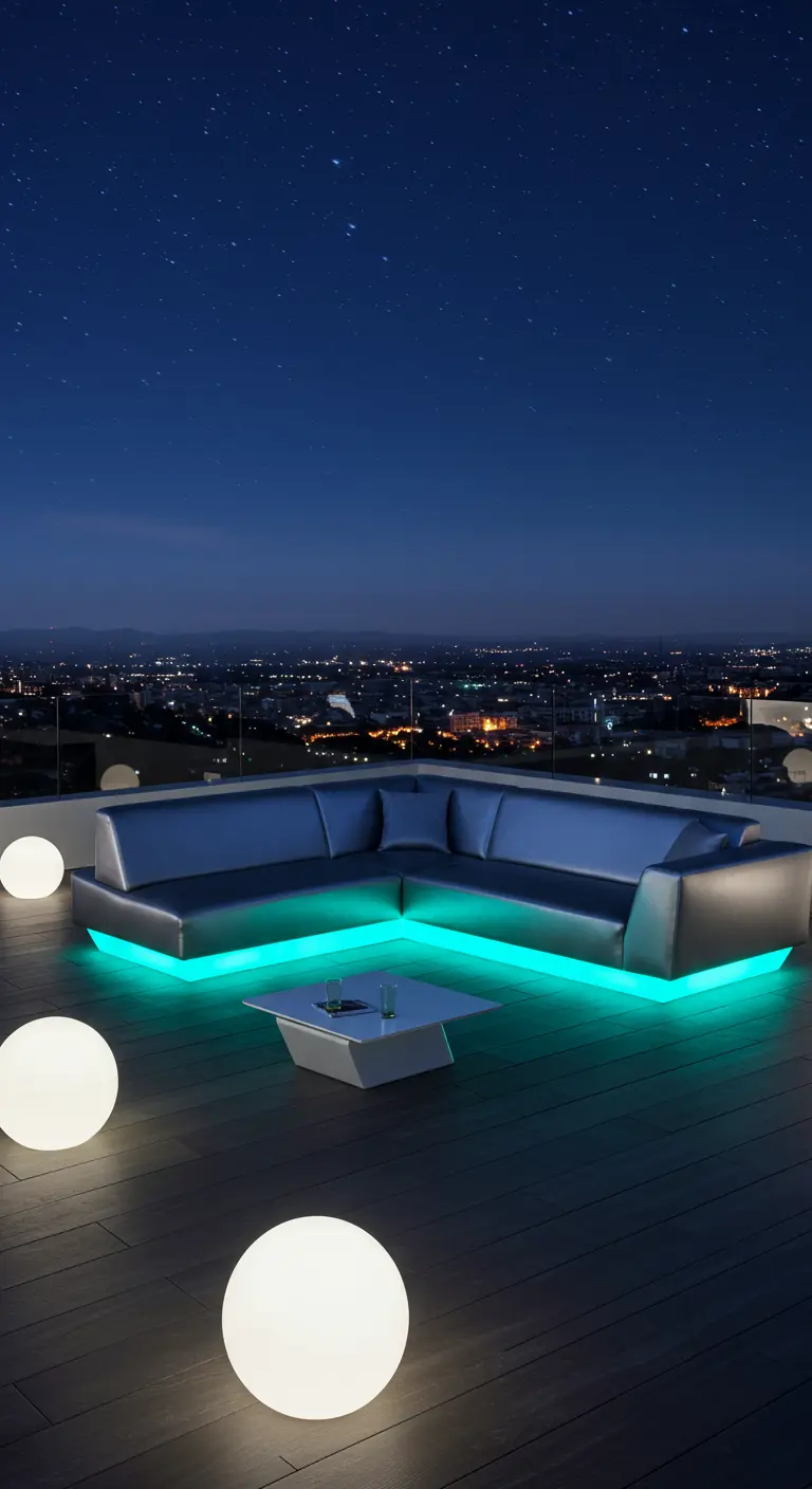 Canapé d'angle gris avec LED bleues, sphères lumineuses sur un rooftop moderne.